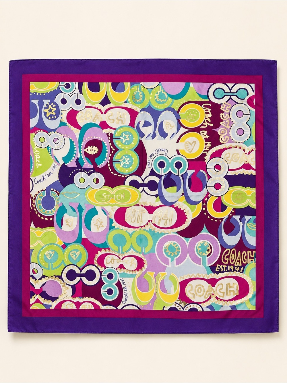 Coach Poppy Graffiti C Print Silk Scarf Purple Pink 21”
